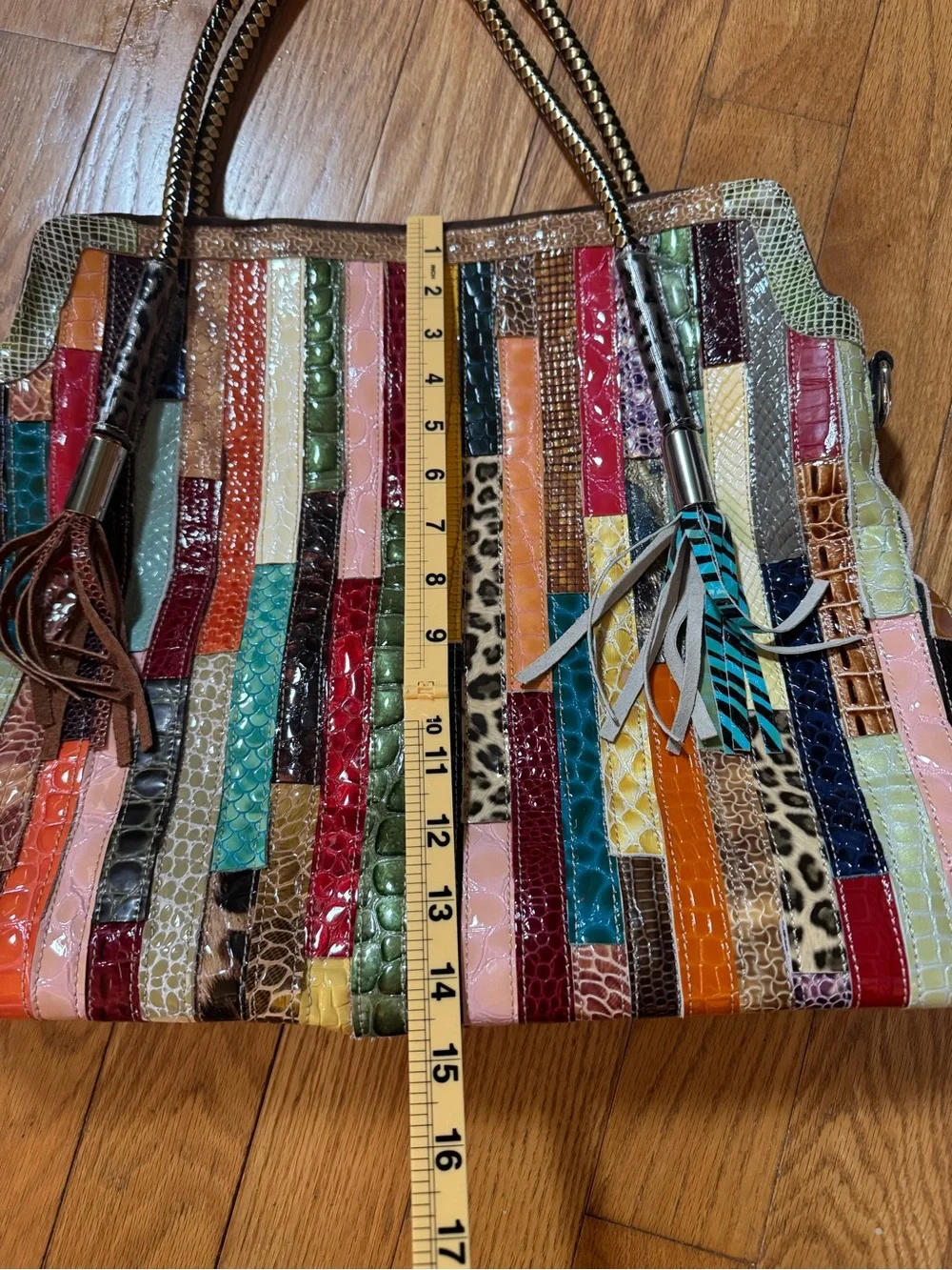 Multicolor Patchwork Faux Exotic Embossed Tote Shoulder Bag Boho Unique Eclectic